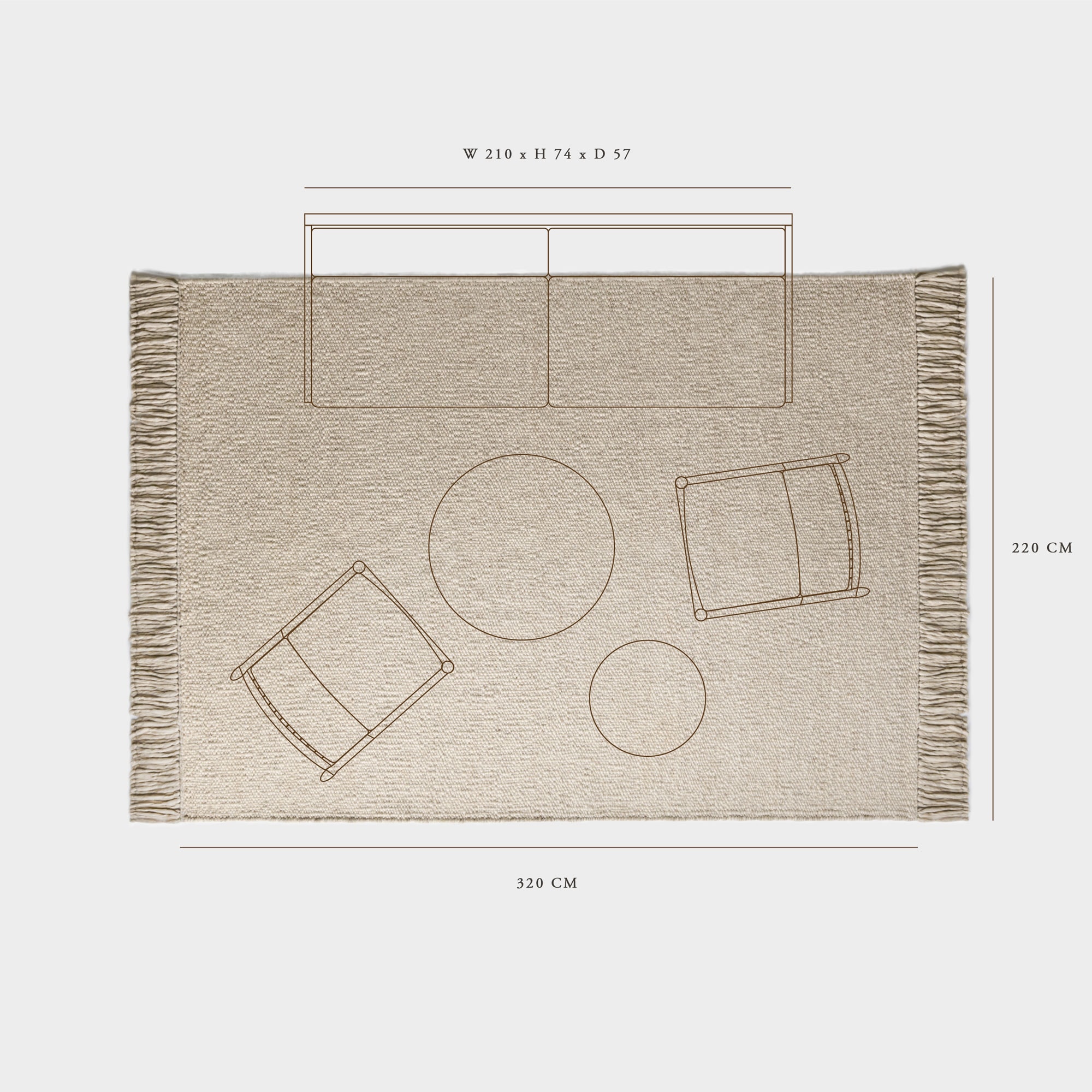 illustration av storlek på matta i förhållande till soffa, fåtöljer och soffbord