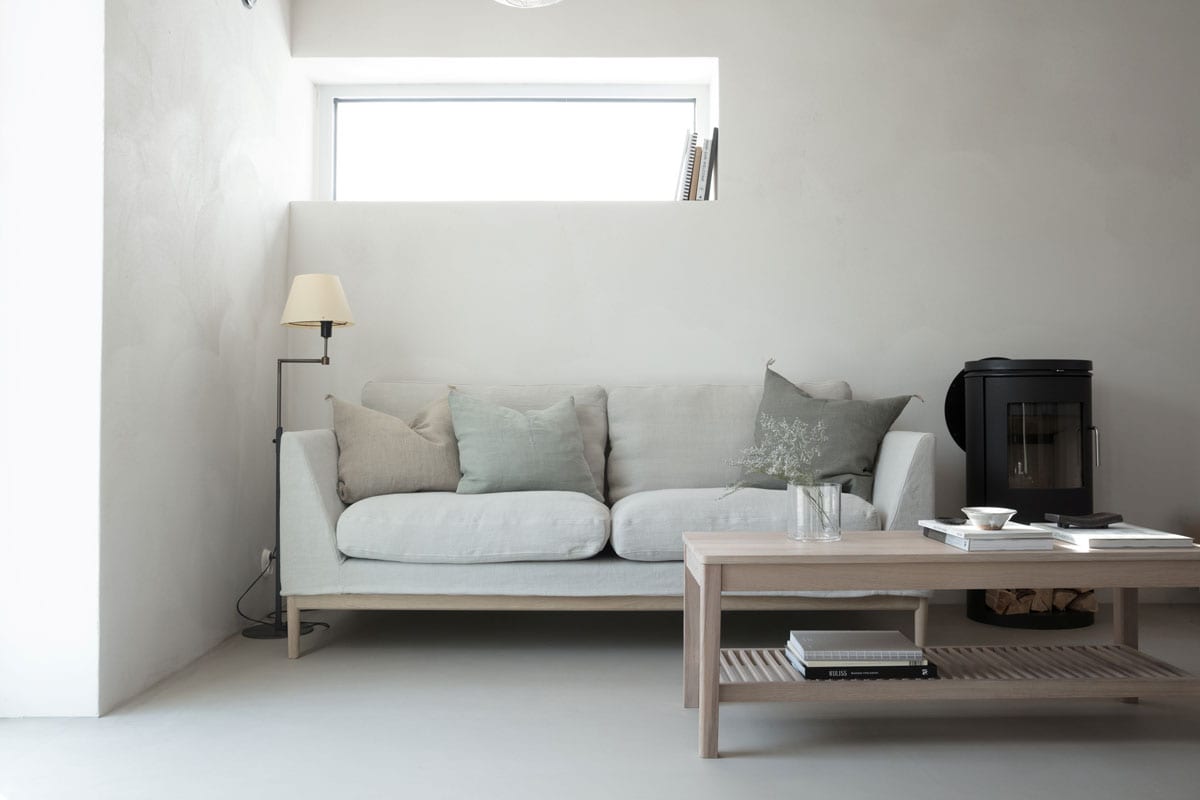 Soffa 85 3-sits linne italiensk kitt, Multi-O soffbord ek vitolja